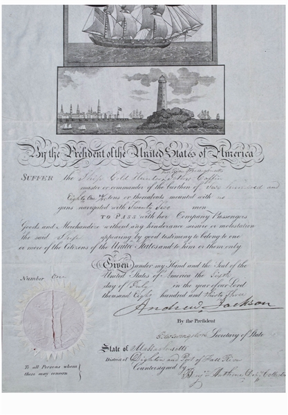 Andrew Jackson Signed Ship's Papers as President